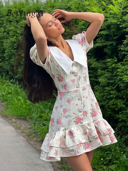 Beiyingni Neue In frauen Kleid Elegante Französisch Mode Schlank Kurzarm Mini Kleider Weibliche Rüschen Tasten V-ausschnitt Kurze Vestido