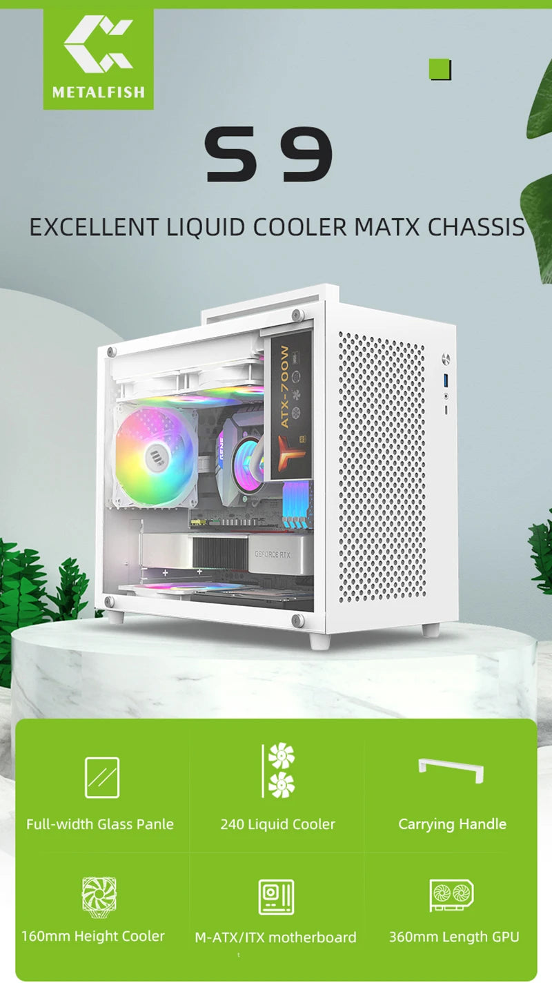 METALFISH S9 MATX Computer Case Gaming PC Chassis Support MATX/ITX/ATX PSU/240 Liquid Cooler/360mm GPU.