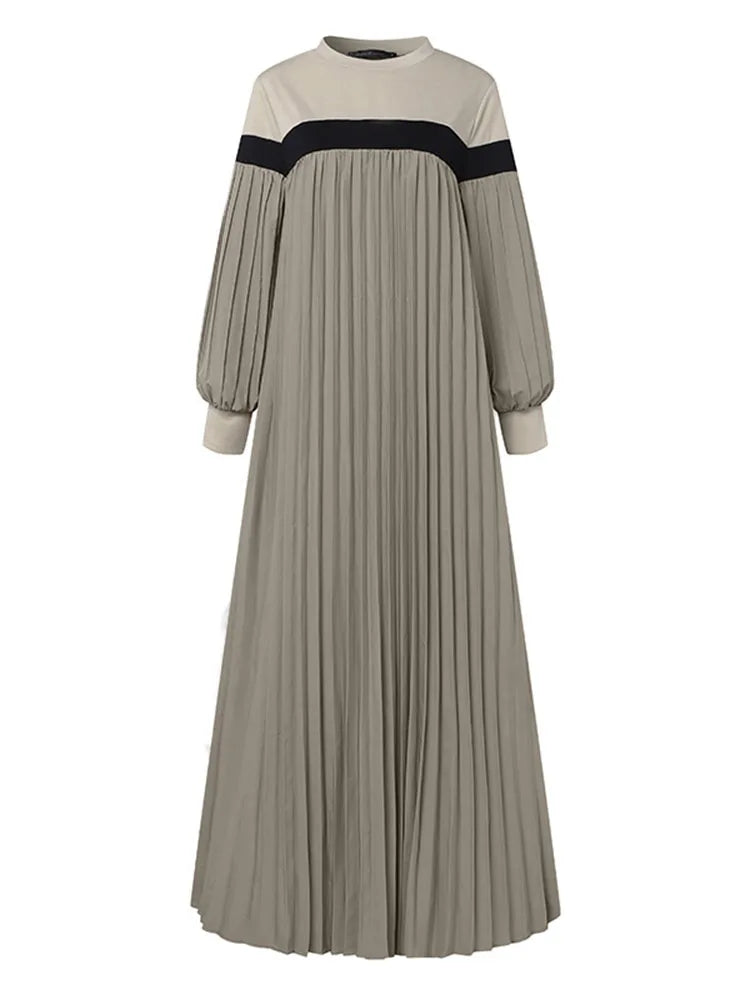 ZANZEA Autumn Women Muslim Dress Turkey Abaya Elegant Long Lantern Sleeve Patchwork Sundress Pleated Vestidos Islamic Dubai Robe