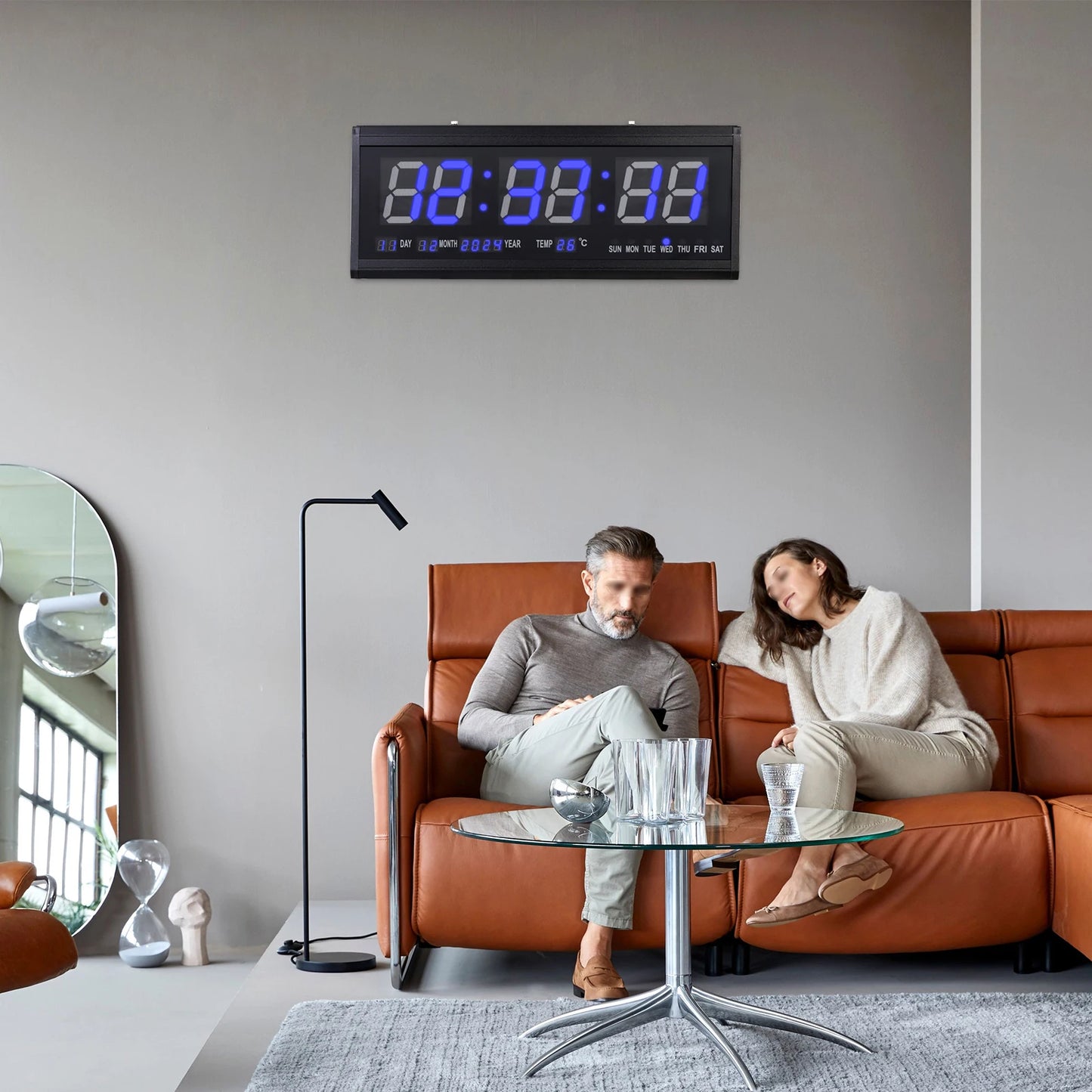 220 V große LED-Digital-Wanduhr, Zeit, Temperatur, Datum, Woche, Anzeige, automatischer Dimmer, leuchtende, leise Tischuhr, Wanduhr, 48 x 19 cm