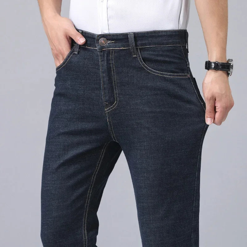 2024 New Brand Men's Fit Straight Lightweight Cotton Stretch Denim Pants Casual Male High Waist Thin Light Blue Business Jeans.