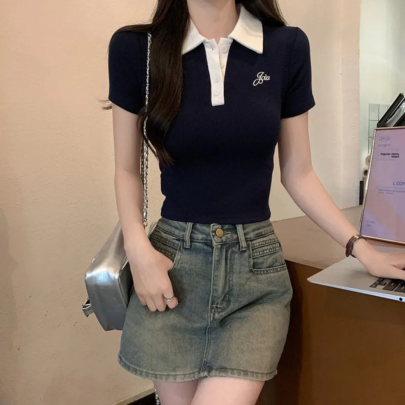 Original Quality Short Sleeve Polo Neck T-Shirt Women's Slim Fit Waist Cinched Sexy Design Casual Sweet Style Polyester Fabric.