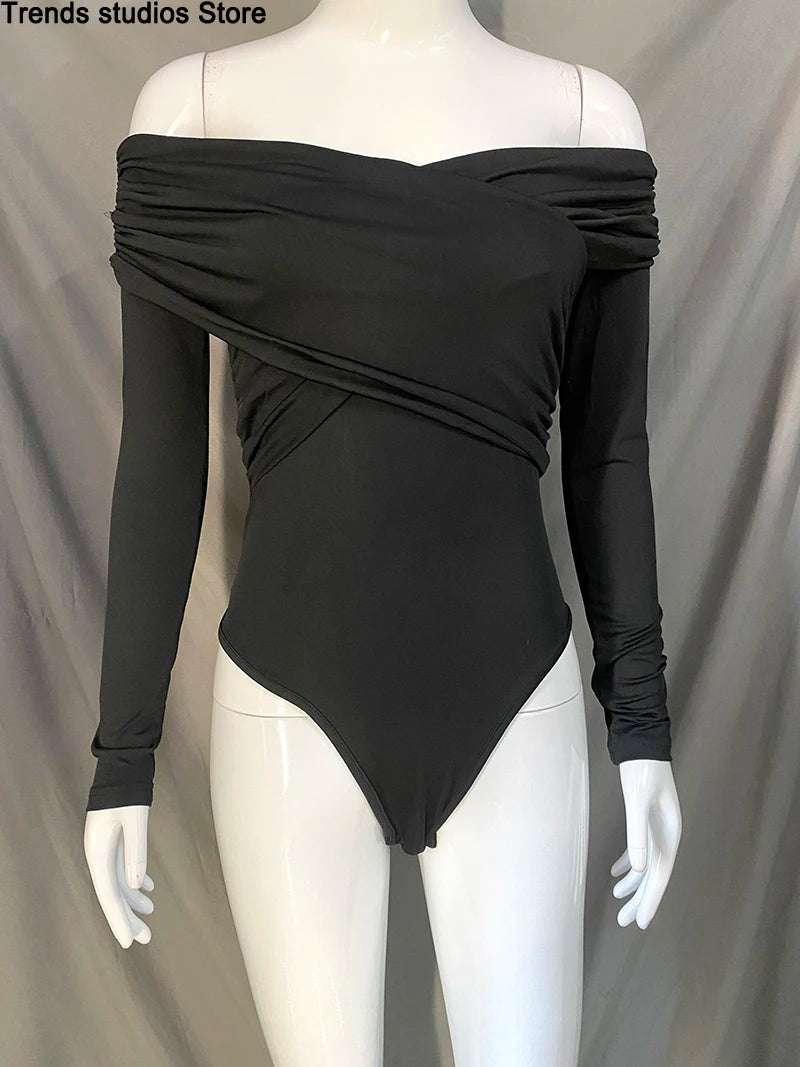 New Solid Sexy Off Shoulder Bodysuits Women Fashion Crossed Folds Skinny Rompers Long Sleeve Fashion Streetwear Autumn Bodysuits.