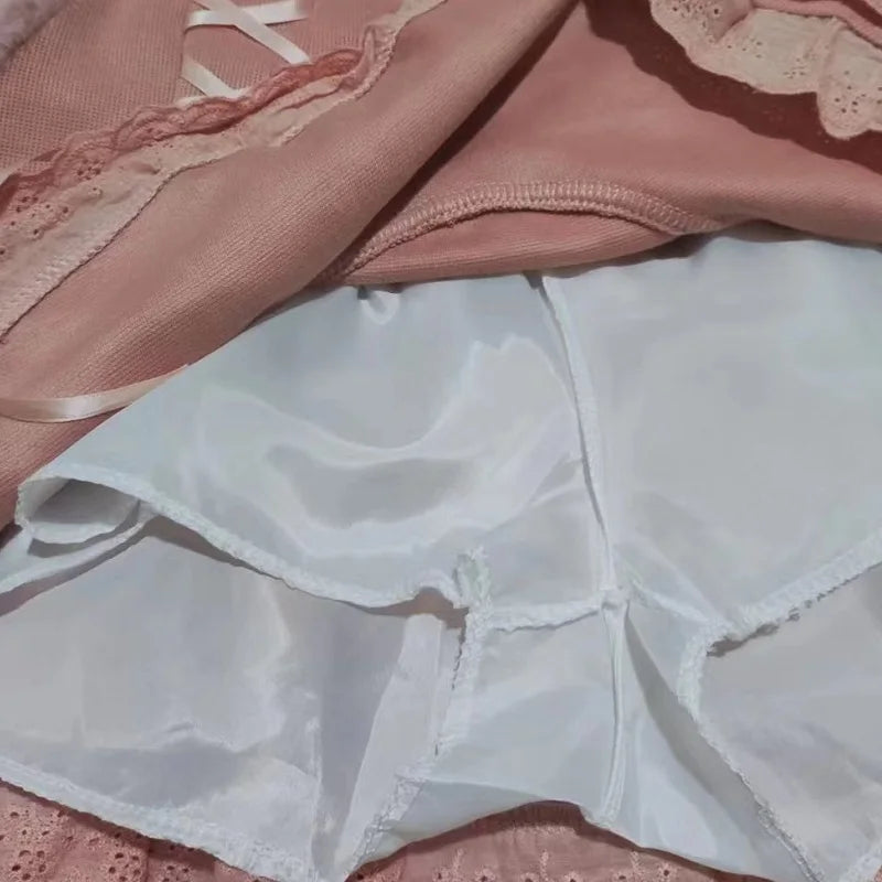 Japanese lolita kawaii clothes pink mini skirt with shorts Lace High Waist korean style women 2025 new fall White skirt fluffy.