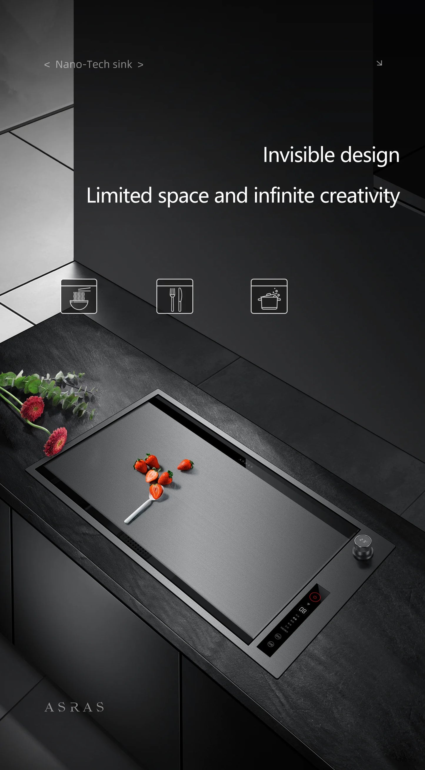 ASRAS Kitchen Sink Stainless Steel Nano Grey Kitchen Sink with Built-in Food Purifier, Hidden Cover & Adjustable Lift Faucet