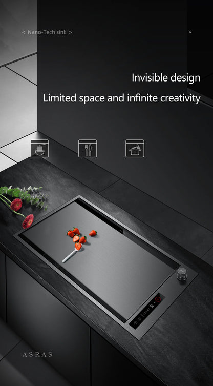 ASRAS Kitchen Sink Stainless Steel Nano Grey Kitchen Sink with Built-in Food Purifier, Hidden Cover & Adjustable Lift Faucet