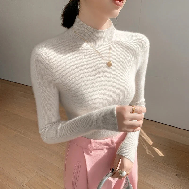 Women Fashion Tops Autumn Winter 2025 Turtleneck Sweater Women Knitted Pullovers Korean Style Simple Base Layer Knitted Sweater
