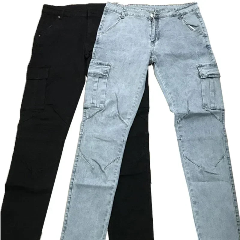 Men Casual Pencil Jeans Male Elastic Multi Pocket Small Slim High Street Denim Pants Wash Solid Color Mid Waist Cargo Jeans.