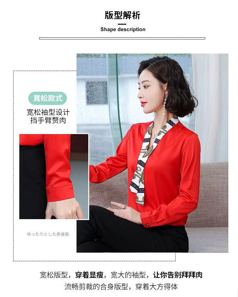 Women's fashionable streamer tops fashionable and elegant small fragrance style covering the belly satin shirt.