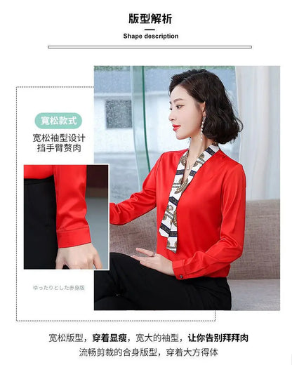 Women's fashionable streamer tops fashionable and elegant small fragrance style covering the belly satin shirt.