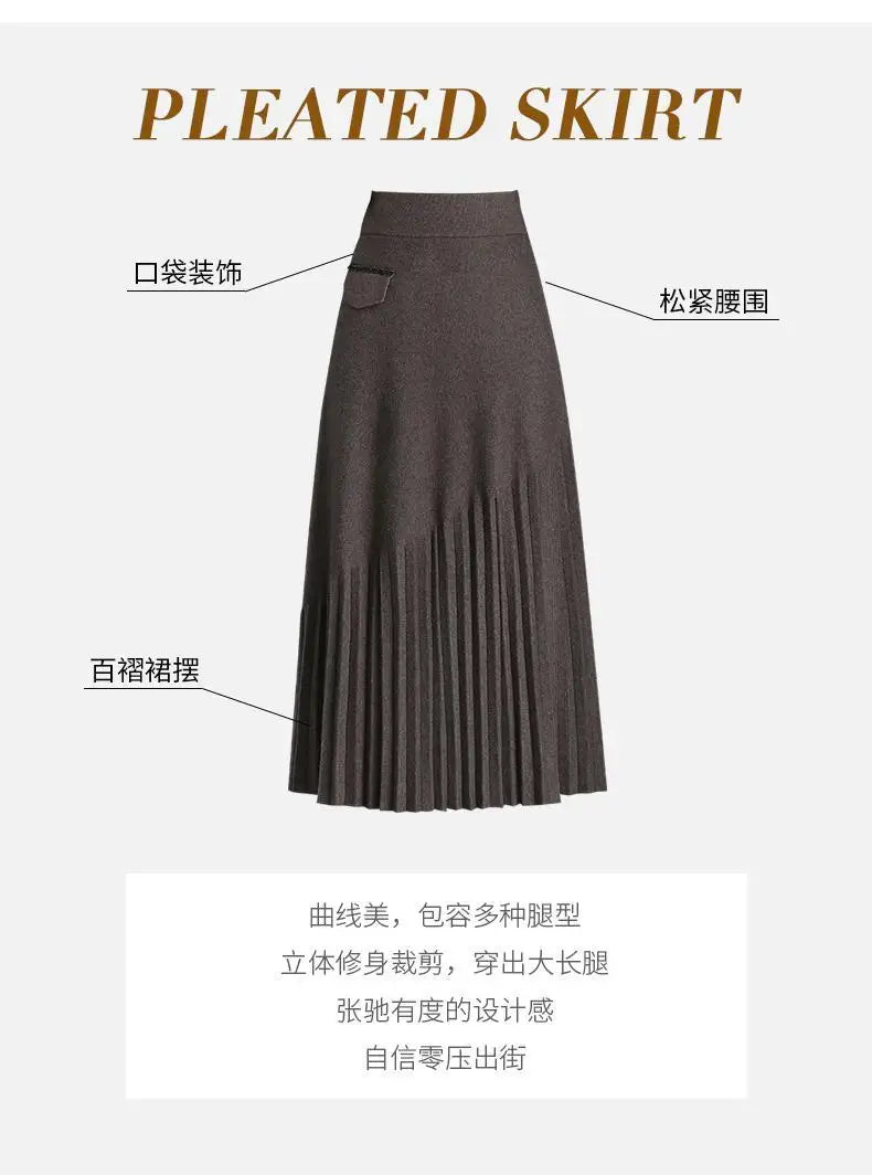 Temperament Autumn Winter New Skirts Women Solid High Waist Pleated Fashion Office Lady A-line Mid-length Knitting Pleated Skirt.