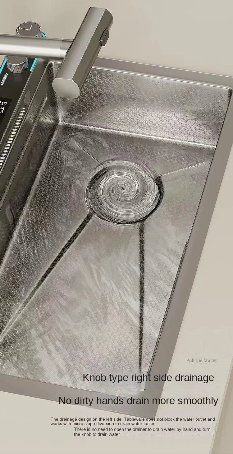 Digitalanzeige, Wasserfall, Einzelschlitz, Nano-Spüle aus Edelstahl 304, Geschirrspülen, Küche, multifunktionales Gemüsewaschbecken