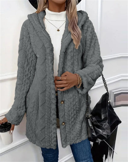 Women Cardigan Hoodie Jacket Autumn Winter Argyle Textured Pattern Hooded Irregular Hem Buttons Fleece Oversized Outerwear Coat.