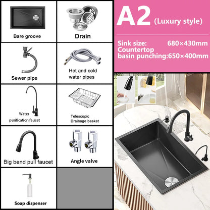 Black Stainless Steel Kitchen Sink Waterfall Sink dishwashing Basin Large Single Sink Household Sink Under The Counter Sink