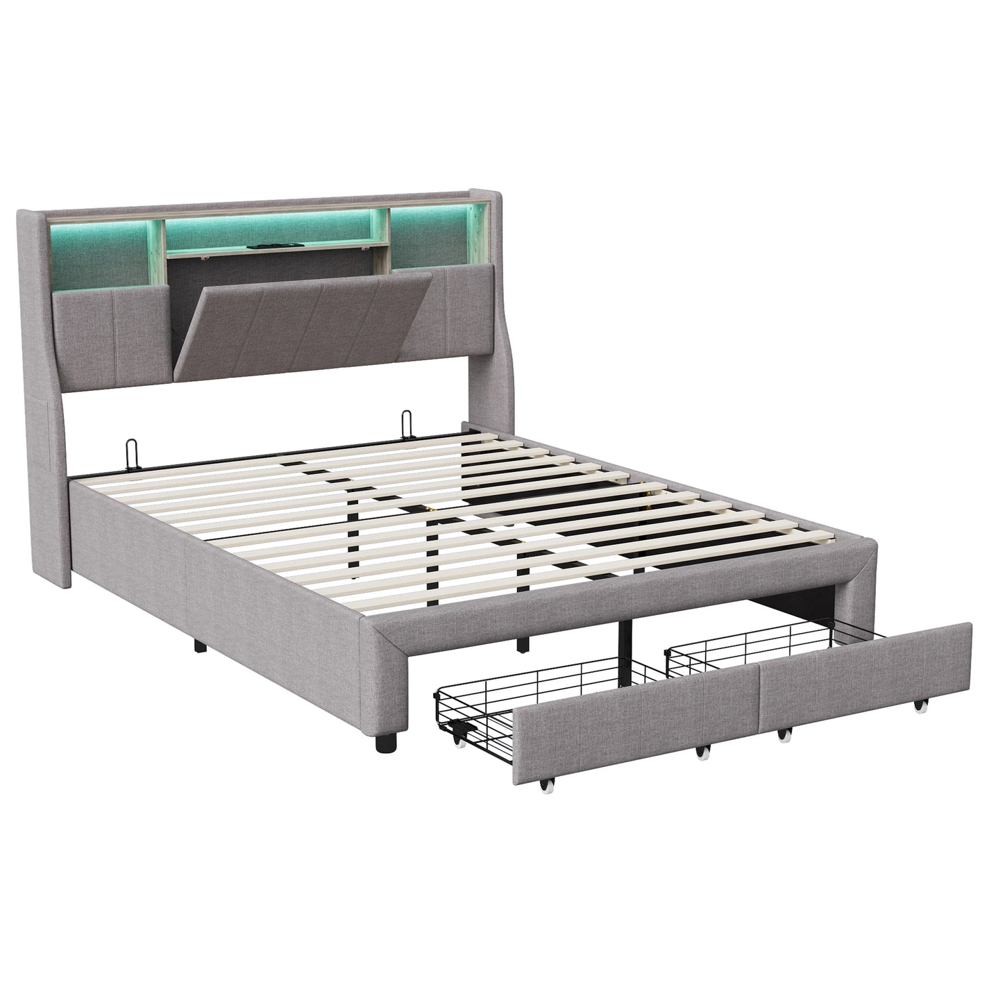 Lazyspace Leinen-Polsterbett, Doppelbettgestell mit Stauraum, Kopfteil und 2 Schubladen, 140/160 x 200 cm, Grau