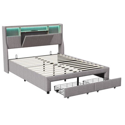 Lazyspace Leinen-Polsterbett, Doppelbettgestell mit Stauraum, Kopfteil und 2 Schubladen, 140/160 x 200 cm, Grau