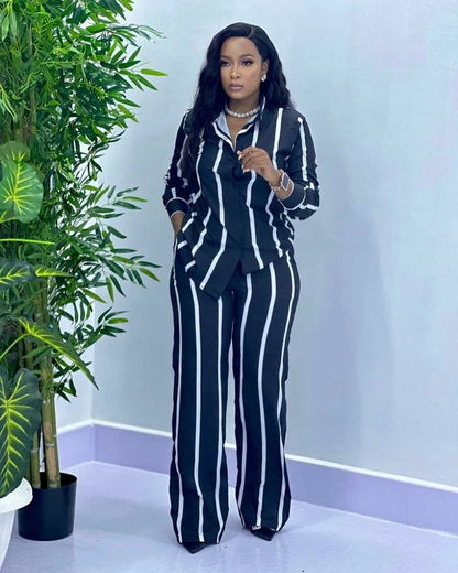 Fashion Striped Print Suit For Women Elegant Lapel Long Sleeved Shirt Elastic Waist Wide Leg Pants Two Piece Set 2024 Autumn New.