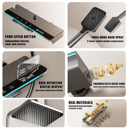 Digital Thermostatic Shower System with Smart Temperature Memory, Easy to Install LED Rain Shower & Brass Faucet Set