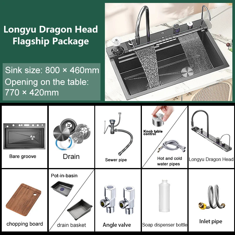 Stainless Steel Digital Kitchen Sink Large Waterfall Pull Out Faucet Honeycomb Embossed Sink Set