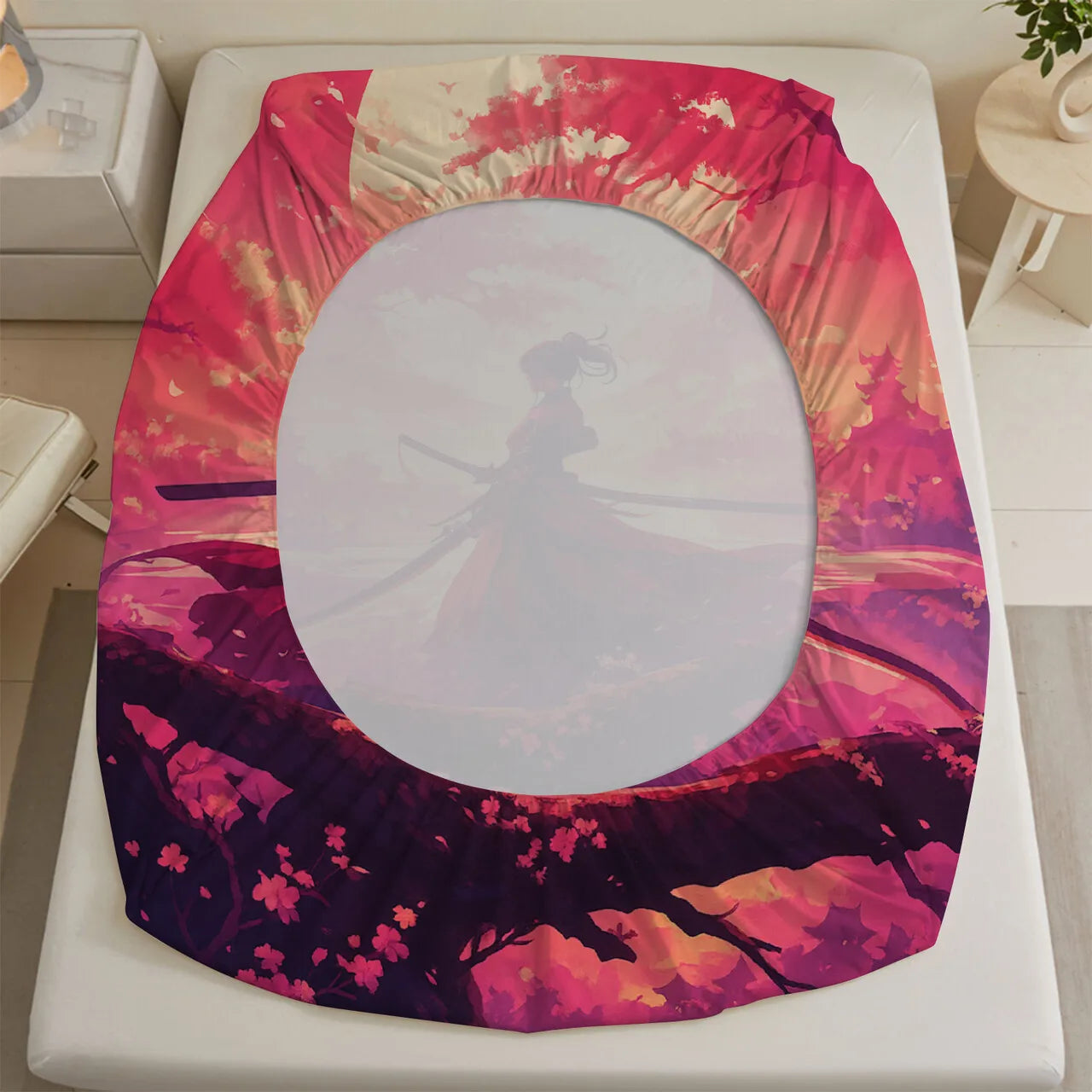 1pc 3D Fitted Sheets Set Sunset Samurai Cherry Blossom Tree Pattern  Bedding Set Printed Customized For Man And Kids Decorate.