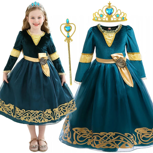 Girls Merida Cosplay Princess Dress Children Stage Performance Clothes Kids Halloween Carnival Party Long Sleeves Outfits.