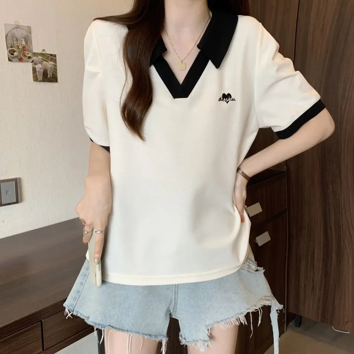 Plus Size Women's Casual Polo Neck Short Sleeve T-Shirt Slimming Belly Cover Summer Age Defying Shoulder Level Top.