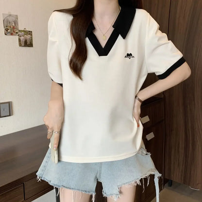 Plus Size Women's Casual Polo Neck Short Sleeve T-Shirt Slimming Belly Cover Summer Age Defying Shoulder Level Top.