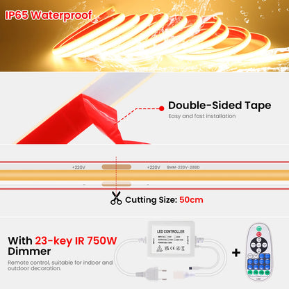 COB LED Strip Dimmable 220V 288LEDs/m Wall Touch Wifi Bluetooth Remote Control Power Kit Waterproof Silicone Tube Adhesive Tape.