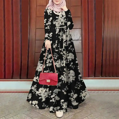 Zanzea Blumen druck böhmischen Maxi kleid Frauen Mode Langarm o Hals abgestufte Vestidos islamische muslimische Gürtel Abaya lange Roben