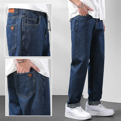Light Blue American Retro Jeans Men Soft Loose Straight Cylinder High Street Workwear Casual Loose Legs Pants