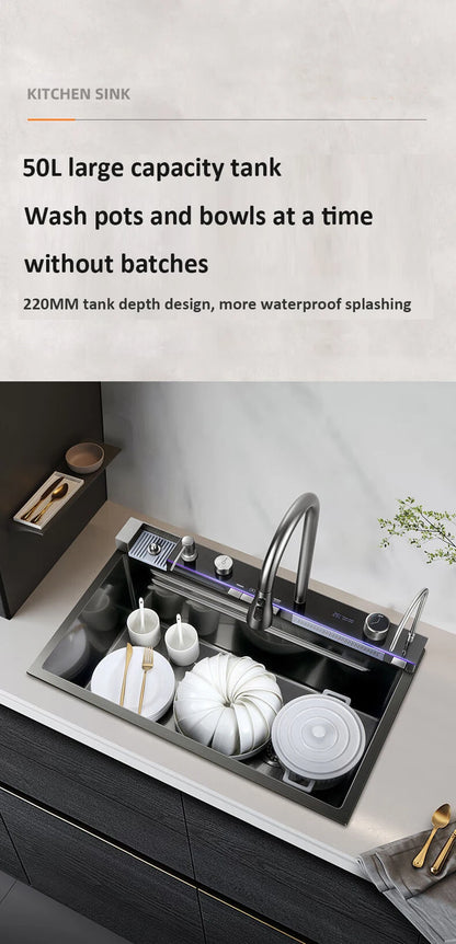 68x46cm Large Capacity Kitchen Sink Faucet Whale Waterfall Design Multifunctional Single Tank Home Appliance Fashionable