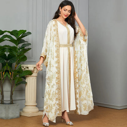 Eid Muslim Party Dress for Women Abaya with Inner Dress 2 Piece Set Jalabiya Ramadan Abayas Robe Caftan Vestidos Largos 2024.