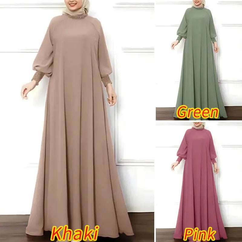 ZANZEA Islamic Hijab Elegant Vestidos Muslim Fashion Shirring Cuff Women Long Sleeve Maxi Dress Solid Ruffled O Neck Abaya Robes.