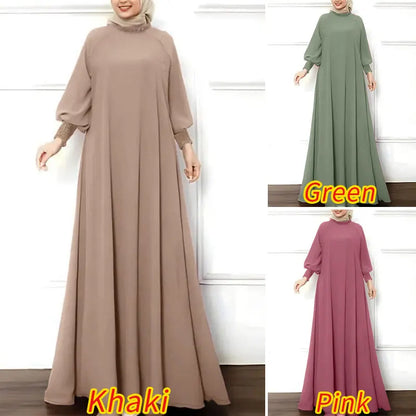 ZANZEA Islamic Hijab Elegant Vestidos Muslim Fashion Shirring Cuff Women Long Sleeve Maxi Dress Solid Ruffled O Neck Abaya Robes.