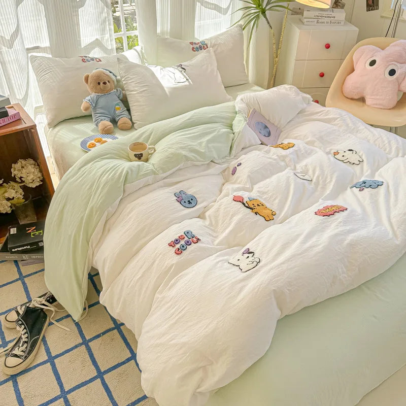 New washed cotton towel embroidery four-piece set animal paradise bed sheet bed hat home student dormitory three-piece set.