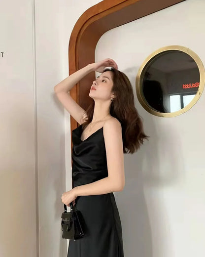 Chiffon-Stoff, Neckholder, mittellanges Kleid für Damen, Sommer, neuer sanfter Stil, schlankmachende Taille, A-Linien-Rock, Polyesterfaser, ärmellos