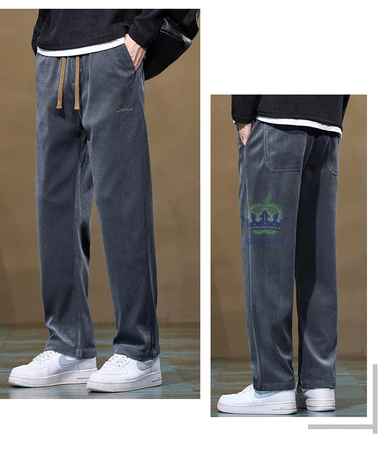 Autumn Winter Men's Corduroy Pants Elastic Waist Fashion Stretch Loose Straight Black Grey Thick Trousers Male Plus Size M-5xl.