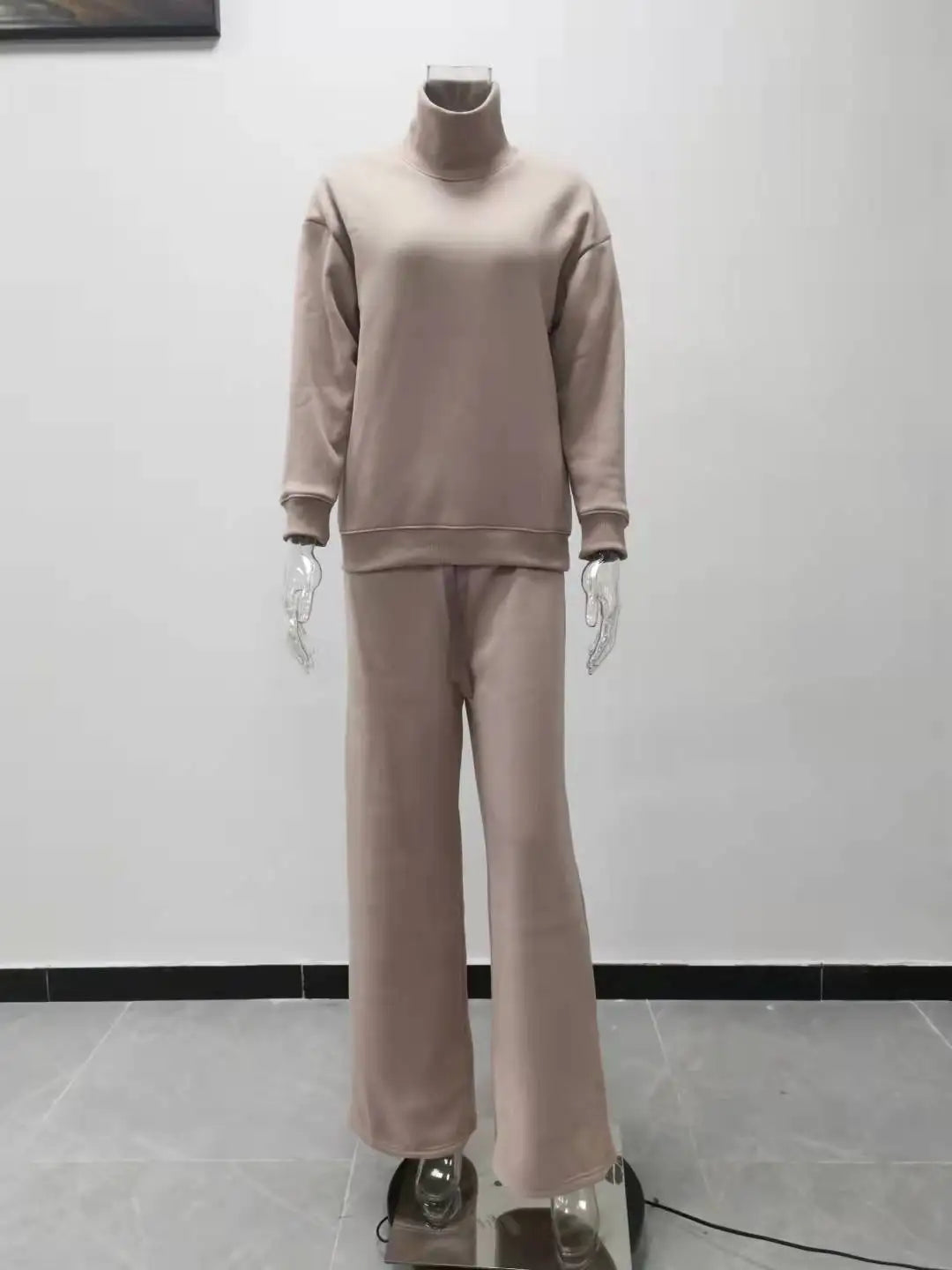 Autumn and Winter Women's New Knitted Fashion Casual Suit Two-piece High-neck Long-sleeved Top + Drawstring Wide-leg Pants Y2k.