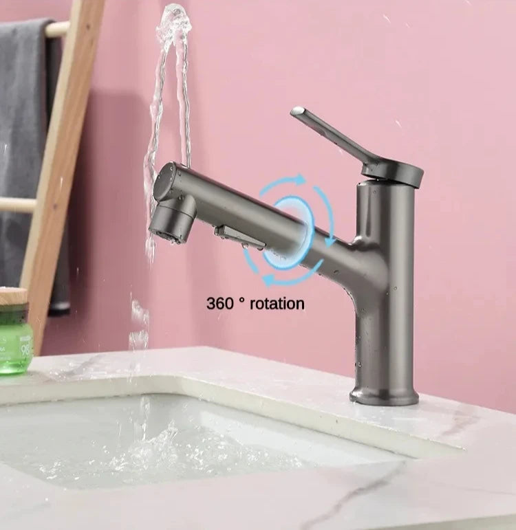 Single Handle Dual Hole Hot Cold Brass Washbasin Faucet 3 Function Stream Sprayer Pull Out Basin Sink Mixer Tap for Bathroom