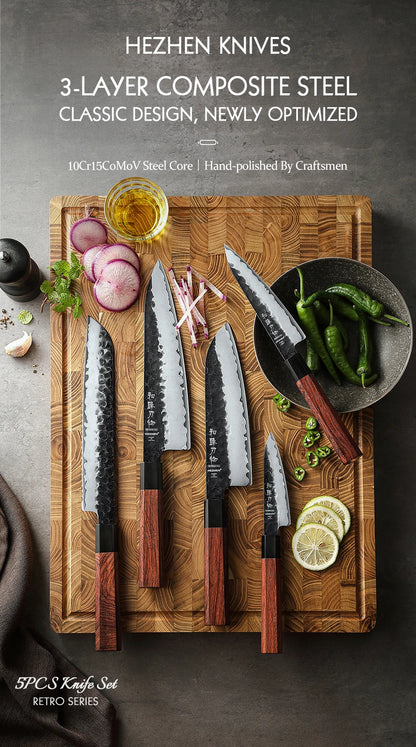 HEZHEN 1PC-5PC Kitchen Knife Set Chef Utility Stainless Steel 3 Layers Composite Steel Santoku Nakiri Kitchen Accessories.
