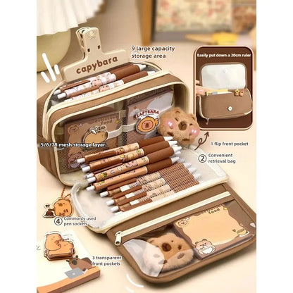 Große Kapazität Bleistift Tasche Capybara Cartoon Leinwand Schreibwaren Halter Tasche Mit Broschen Aufkleber Clips Schlüsselanhänger Kinder Stift Fall.