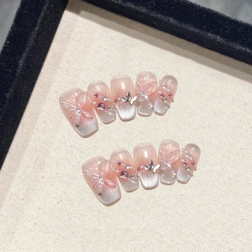 10Pcs Sweet Cute Handmade Press on Nails Flower Butterfly Fake Nails Glossy Diamond False Nails Full Cover Acrylic Nail Tips Art.