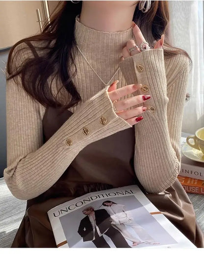 2025, weibliche Casual Tops Pullover Frauen Herbst Winter Gestrickte Dünne Pullover Feste Taste Volle Hülse Halb Hohen Kragen Pullover