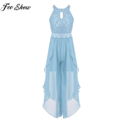 Sommer Mädchen Ärmellosen Chiffon Maxi Kleid Shiny Perlen Spitze Gebaut-in Shorts Party Kleid für Hochzeit Geburtstag Dance Leistung.