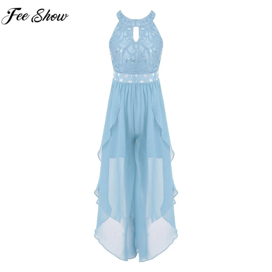 Sommer Mädchen Ärmellosen Chiffon Maxi Kleid Shiny Perlen Spitze Gebaut-in Shorts Party Kleid für Hochzeit Geburtstag Dance Leistung.