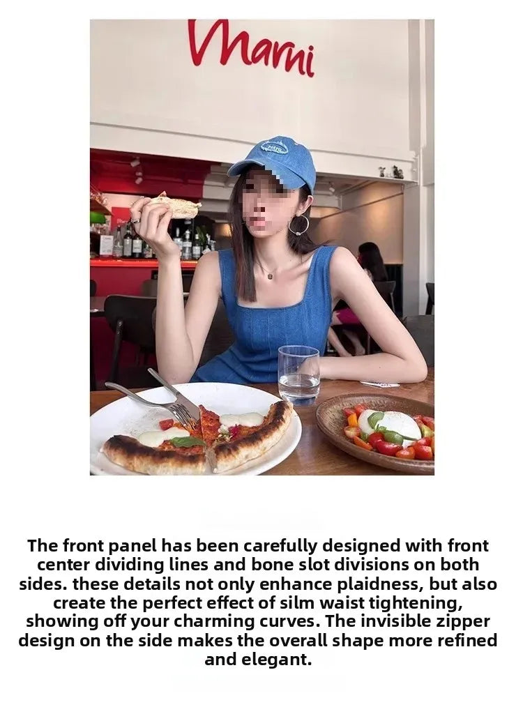 Blue Mist Love Französisches Jeanskleid für Damen, Sommer, einzigartiges Design, Taille, Cinching-Riemen, langes Kleid, elegante blaue Polyesterfaser.