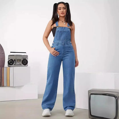 Hot Sale Womens Denim Bib Jumpsuits Casual Sleeveless Adjustable Straps Loose Baggy Cargo Jean Overalls Y2K Jumpers With Pockets.