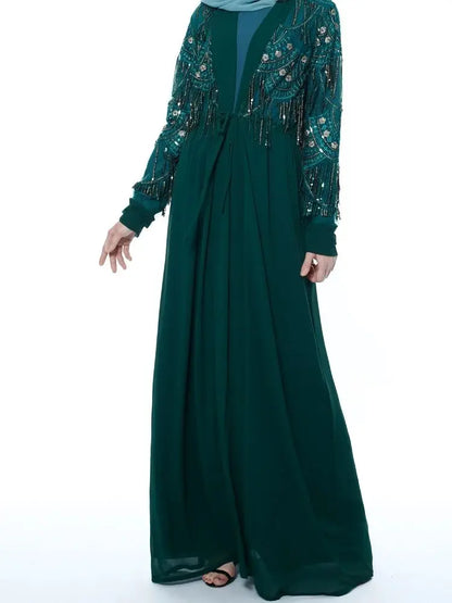 Ramadan Green Satin Sequin Abaya Damen Dubai Luxury Islam Women Muslim Dress Kebaya Kaftan Robe Musulmane Caftan Marocain Femme.