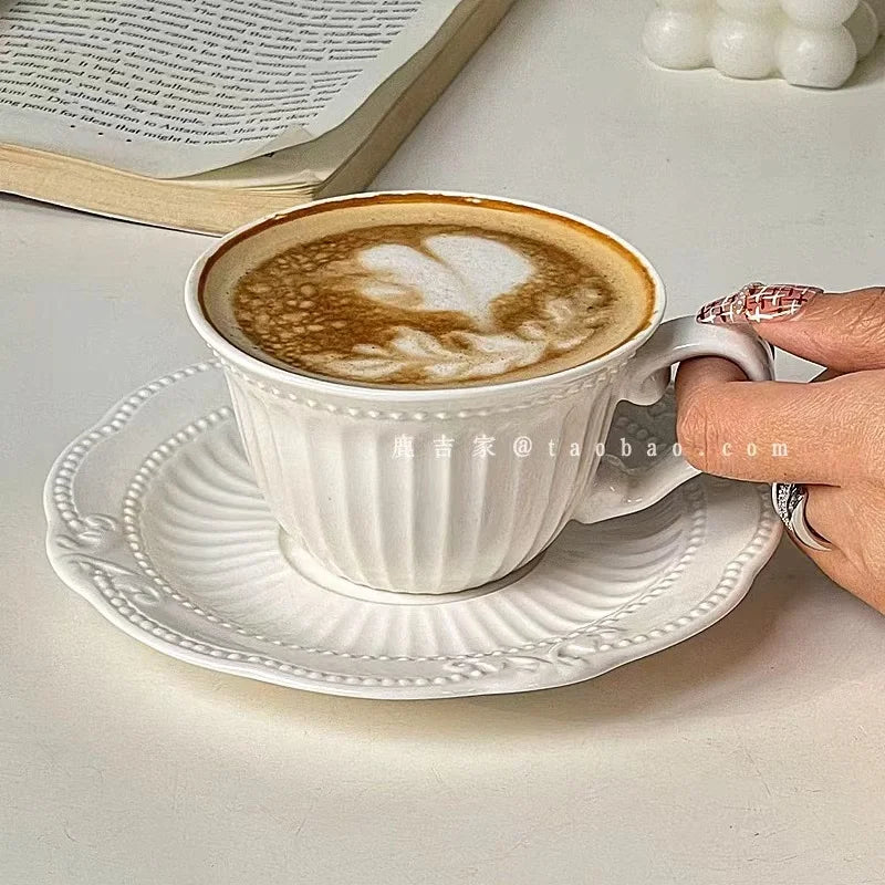 French Retro Relief Flower Cup and Dish Set, Ceramic Coffee Cup, Afternoon Tea Latte Cup, Artistic Home Decoration, Holiday Gift.