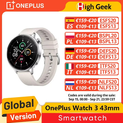 Global Version OnePlus Watch 3 43mm Smartwatch 1.32inches AMOLED Display Up to 60H Battery Life Wear OS by Google GPS NFC.